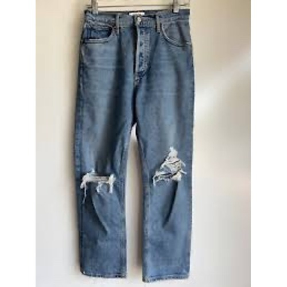 AGOLDE Riley High-Rise Straight Cropped Jeans Women 30 Blue NWOT Distressed Knee